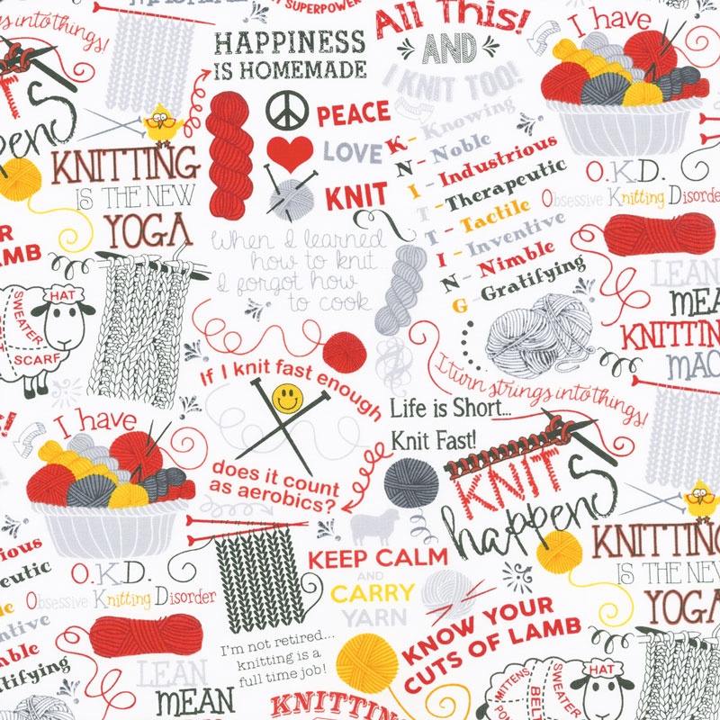 Novelty - Knitting Jokes White Yardage