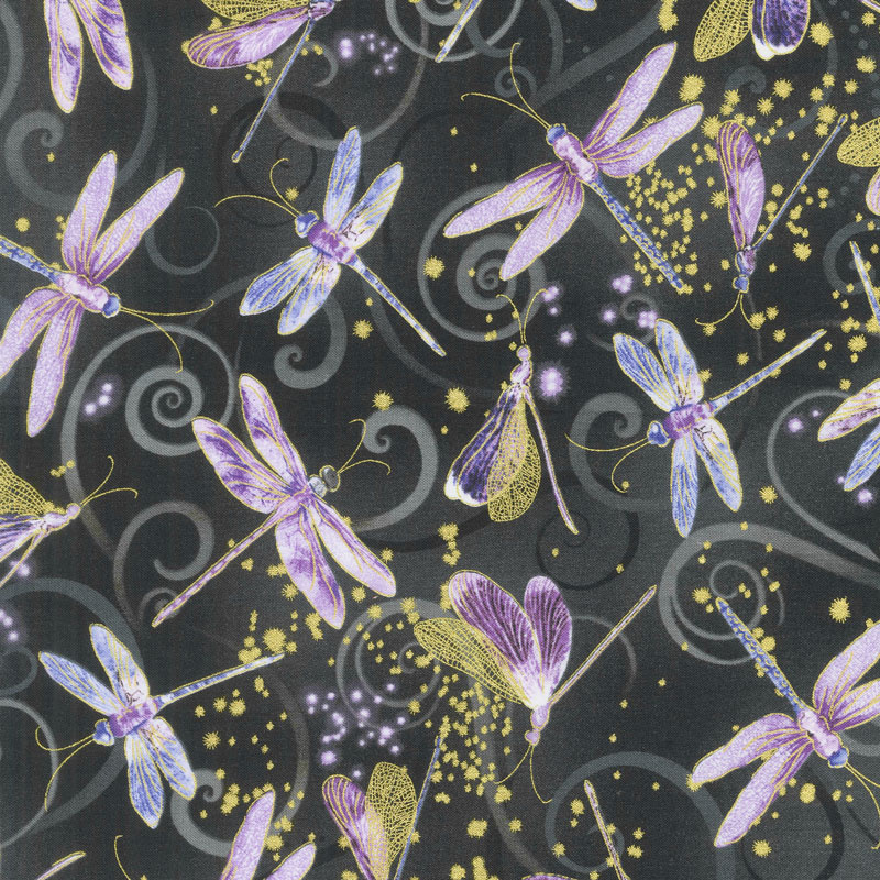 Dragonfly Dance - Purple Dancing Dragonflies Black Metallic Yardage