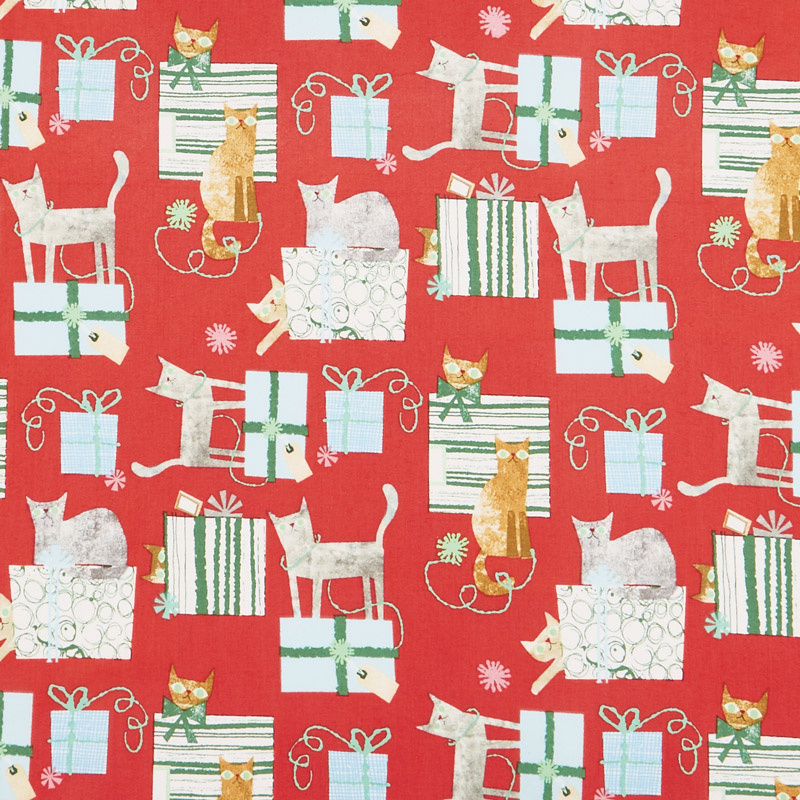 Make Merry - Gift Wrapped Cats Red Yardage