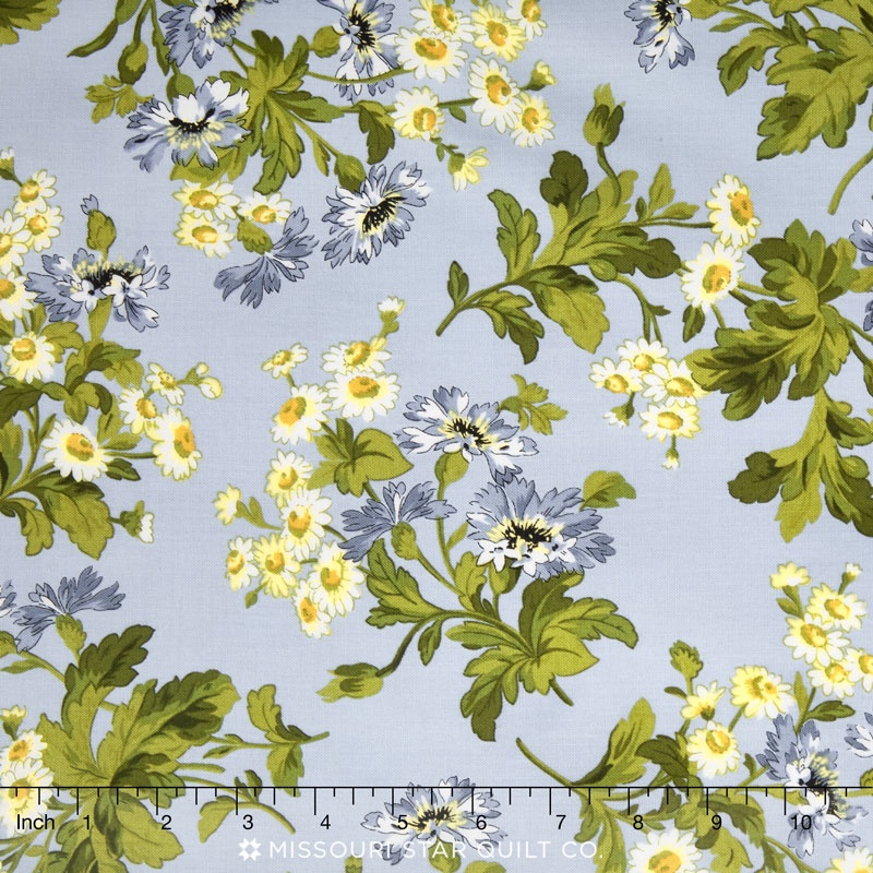 Poppies - Daisies Soft Blue Yardage
