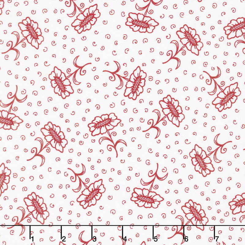 Scarlet Romance - Flower with Stem Red on White Yardage