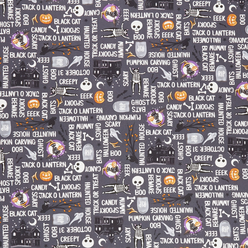 So Adora-Boo! - Words Grey Glow in the Dark Yardage