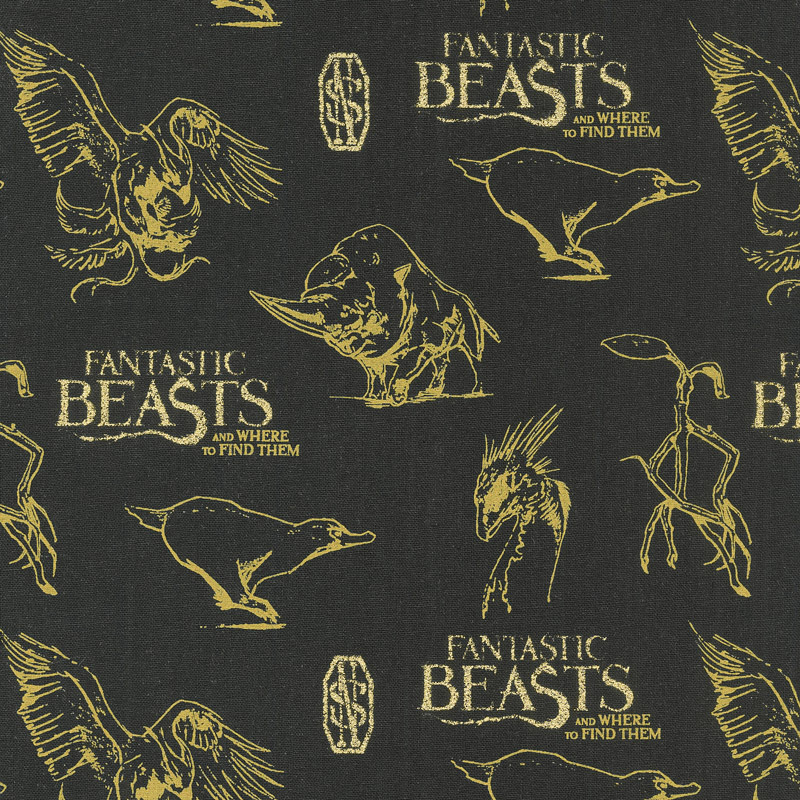 Wizarding World - Fantastic Beasts Logo & Creatures in Black Metallic Yardage