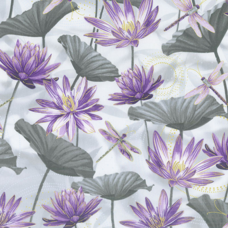 Dragonfly Dance - Purple Water Lily Pool Gray Purple Metallic Yardage