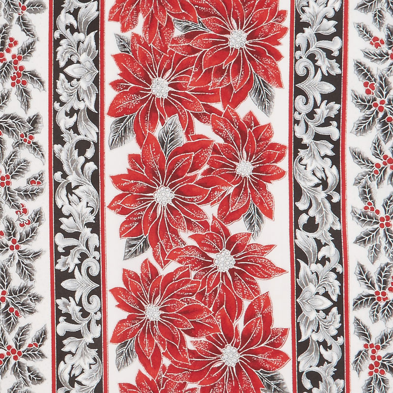 Holiday Flourish 12 - Scarlet Stripe Flowers Silver Metallic Yardage