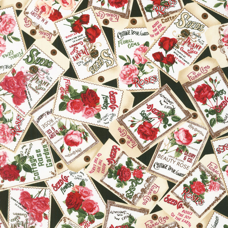 Rose Garden - Vintage Seed Packets Black Yardage