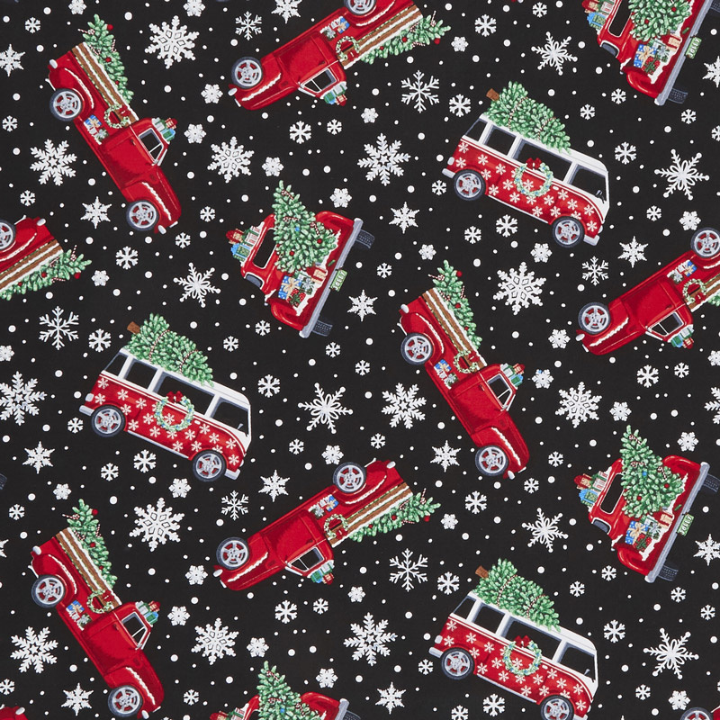 Let It Snow - Tossed Holiday Cars With Trees Black Yardage