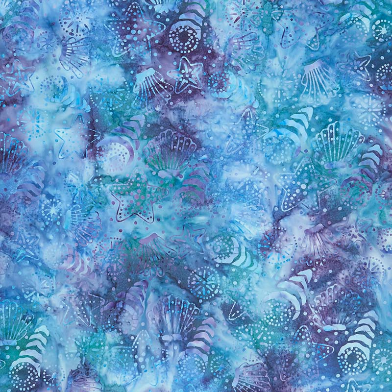 Coastal Getaway Batiks - Seashells Teal Multi Yardage