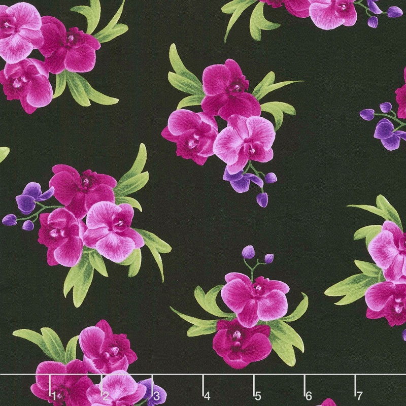 Wild Orchid - Spaced Orchid Bouquets Black Yardage
