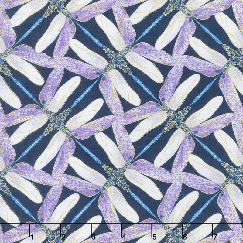 Dragonfly Dance - Blue Pinwheel Geometric Navy Violet Metallic Yardage