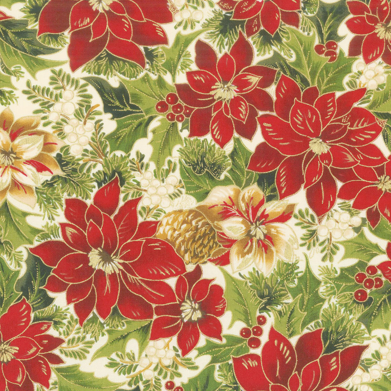 Cardinal Song Metallic - Poinsettia & Pine Cream Yardage