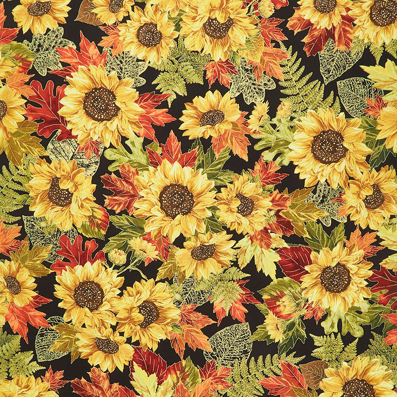 Fall Glory Sunflower Bouquets Black Metallic Yardage Timeless...