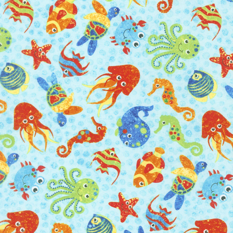 Undersea - Stonehenge Kids 3D Creatures Turquoise Multi Yardage