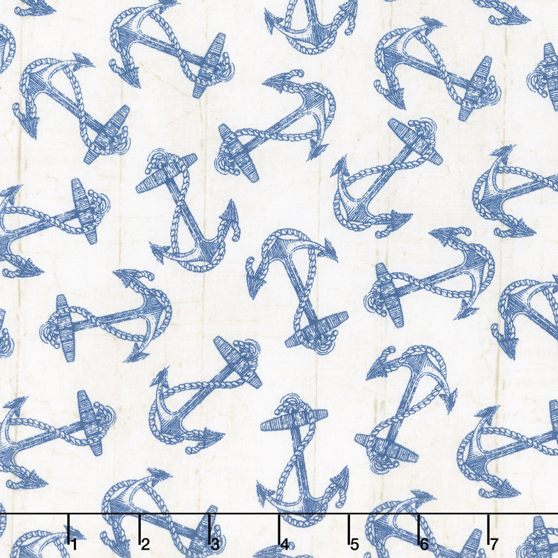 Fresh Catch - Anchors White Blue Yardage