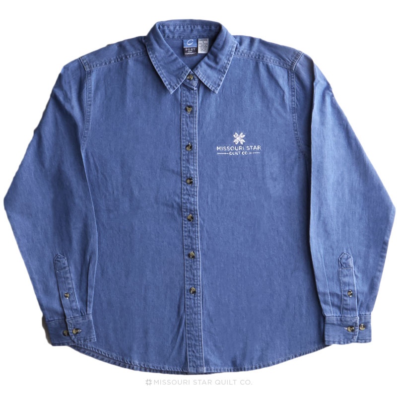Missouri Star White Logo Women's Long Sleeve Denim Shirt Faded Blue - 2XL