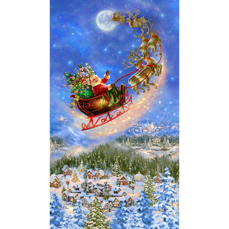 Christmas Novelties - Santa on Sled Christmas Blue Panel