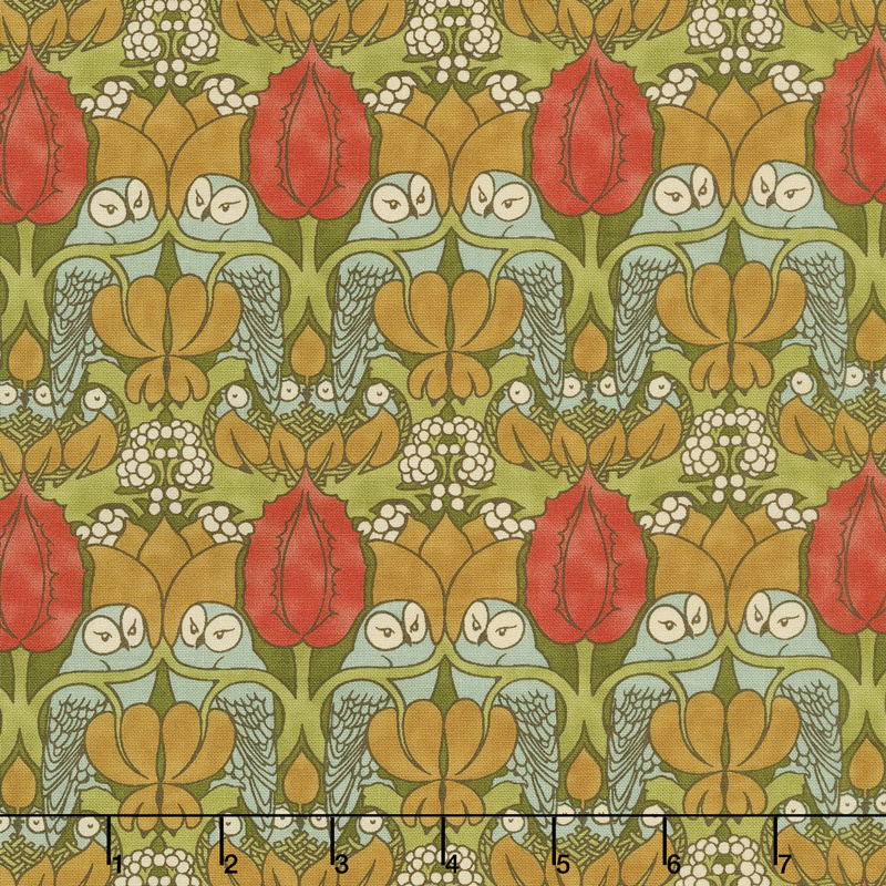 Voysey - The Owl 1897 Olive Yardage