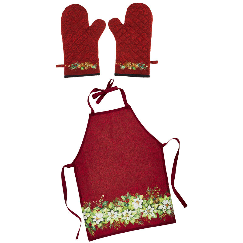 Deck the Halls - Apron and Oven Mitt Red Multi Digitally Printed Panel