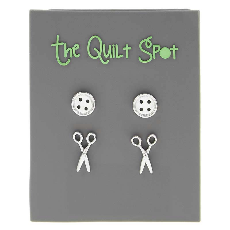 Button and Scissors Earring Set Silver The Quilt Spot