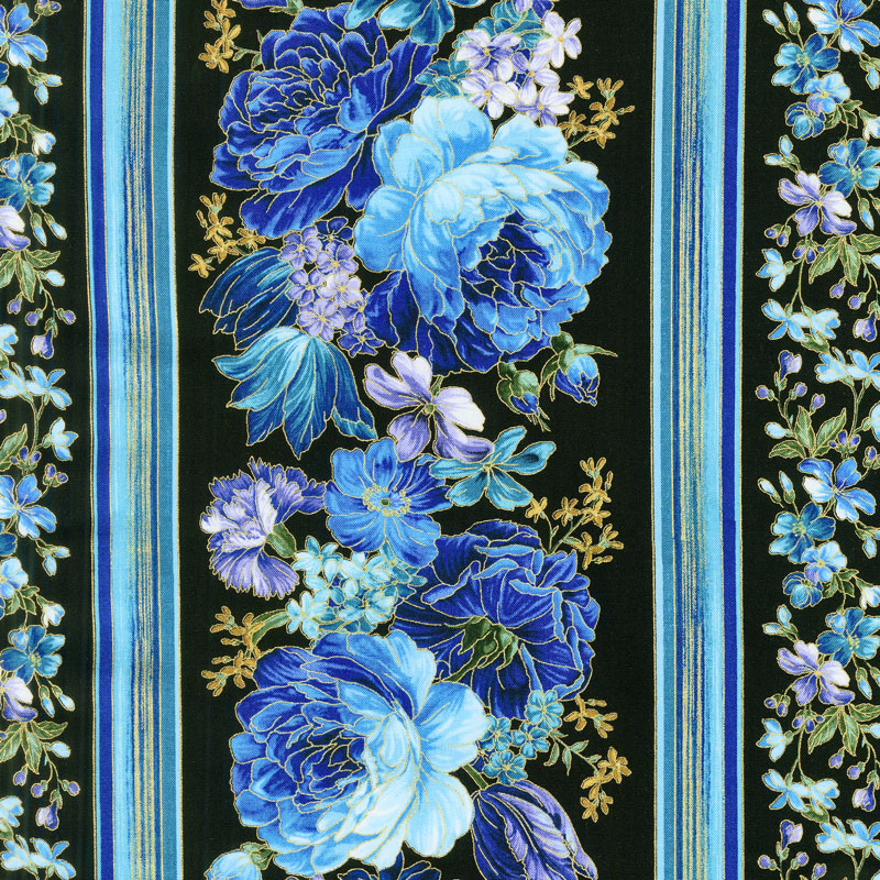 Enchanted - Flower Stripe Black Metallic Yardage