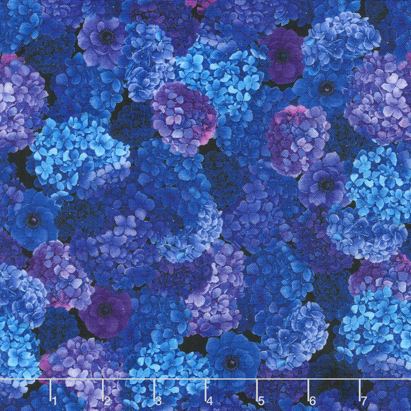 Misty - Packed Hydrangea Black Digitally Printed Yardage