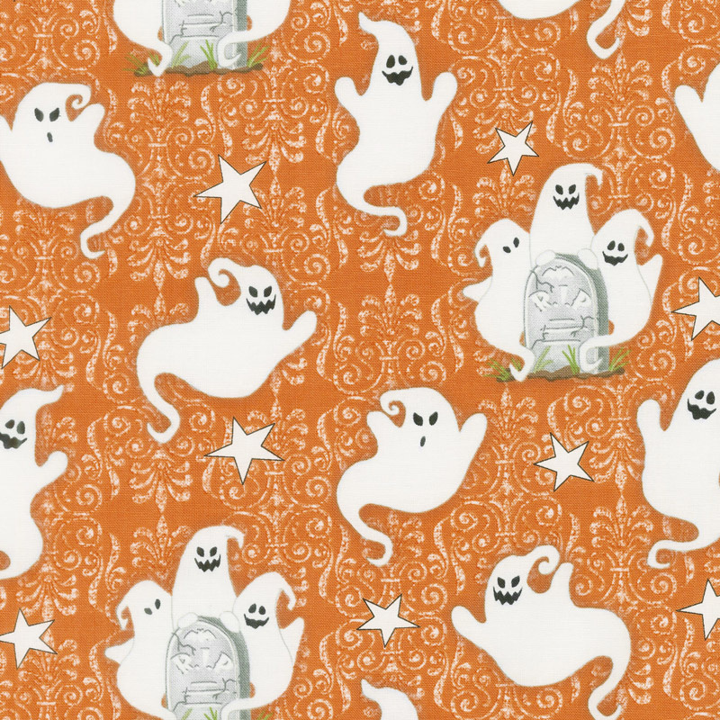 Ghostly Glow Town - Ghosts Allover Orange Glow in the Dark Yardage
