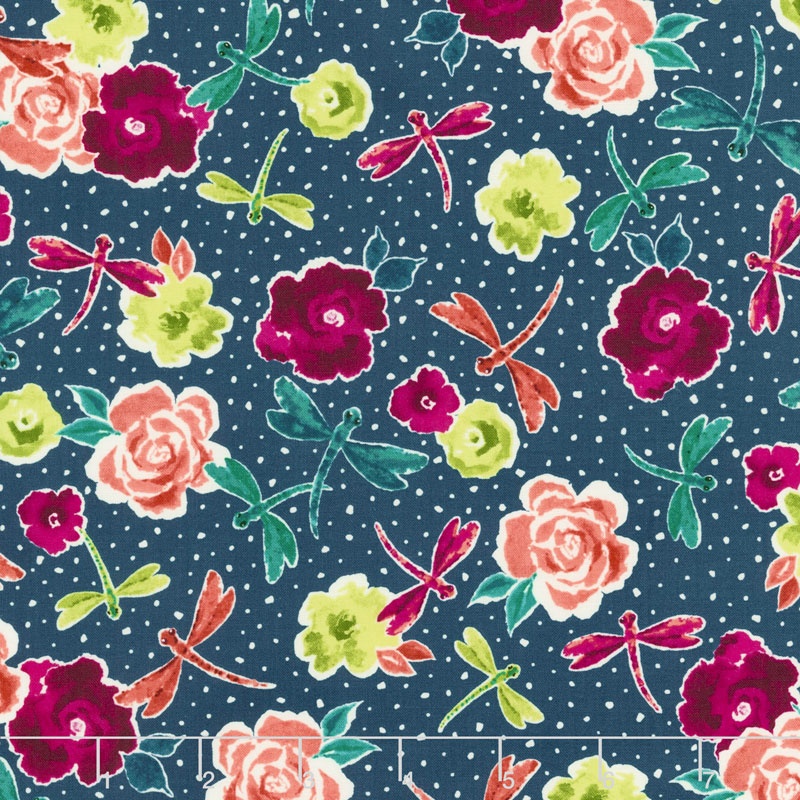 Zola - Flowers & Dragonflies Dark Navy Yardage