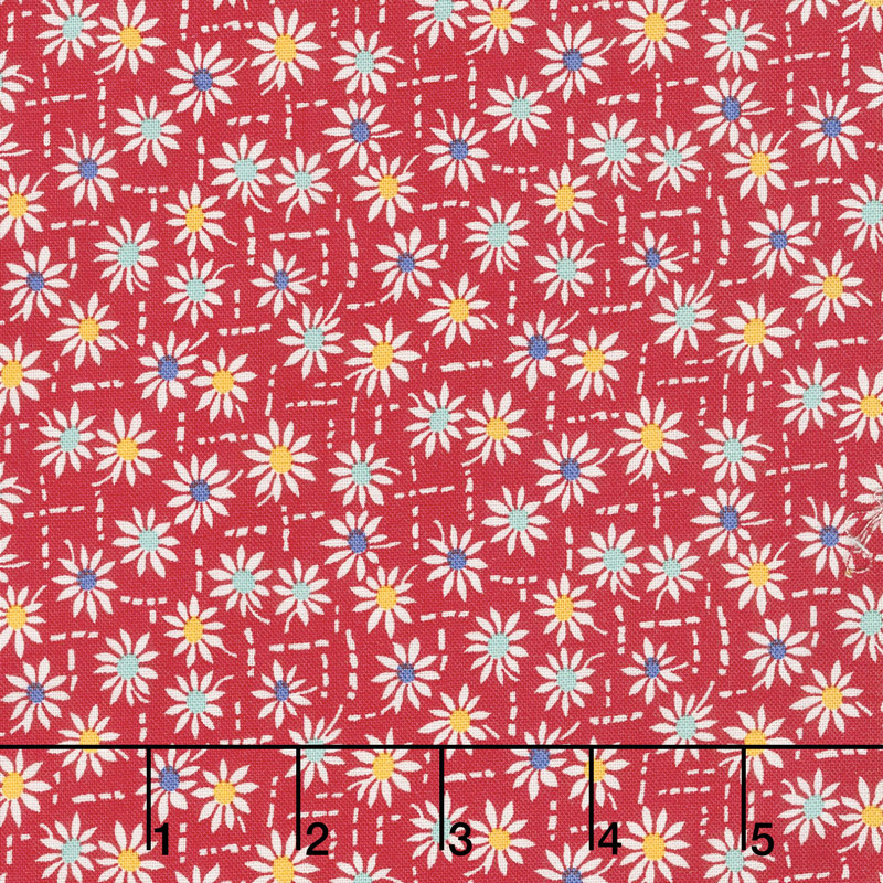 Aunt Grace's Flower Pots - Daisies Red Yardage
