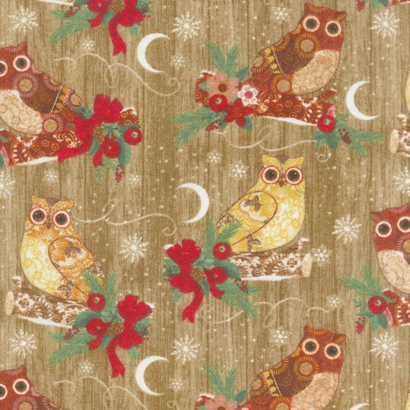 Christmas Novelties - Owls Coffee Flannel Yardage