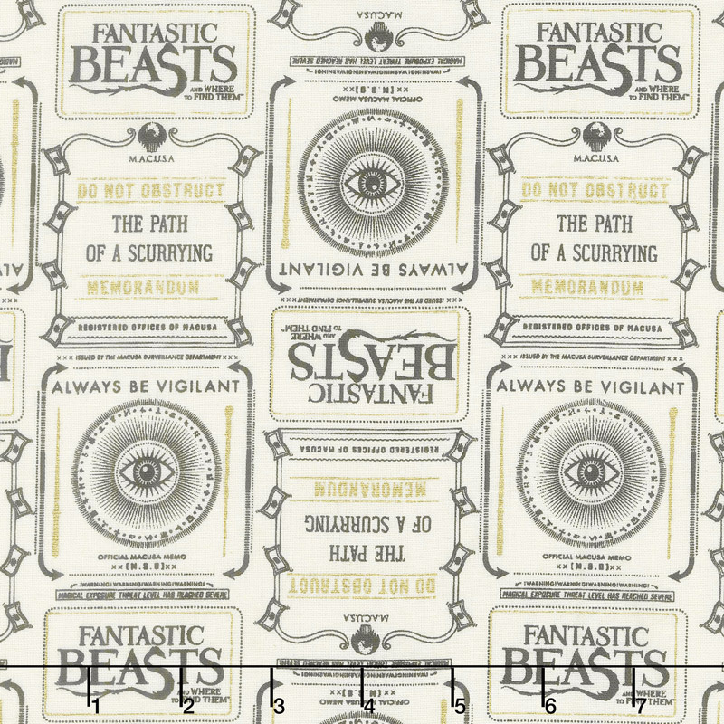 Wizarding World - Fantastic Beasts Newsprint & Symbols in Cream Metallic Yardage