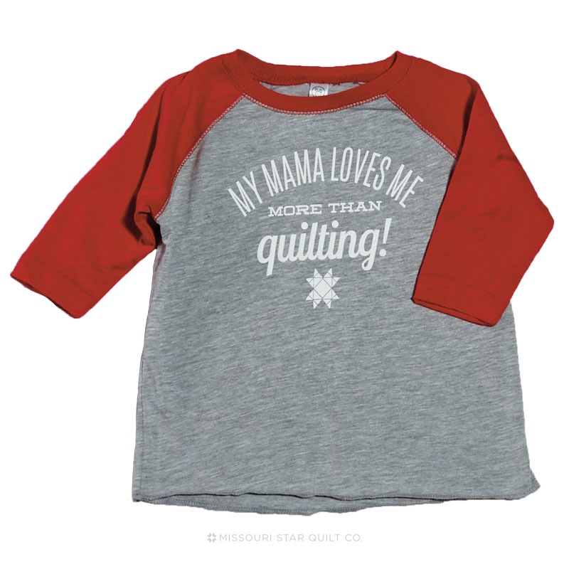 My Mama Loves Me More Than Quilting! Heather Gray with Red Sleeves Baseball T-Shirt - 4T