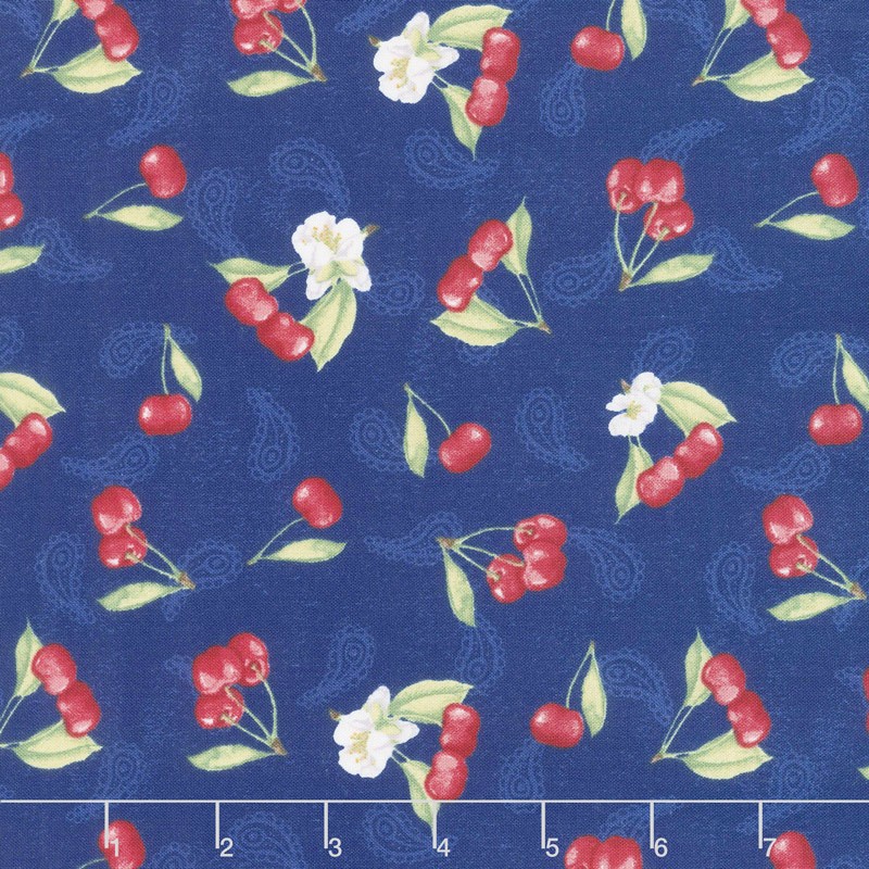 Berry Sweet - Tossed Cherries Blue Yardage