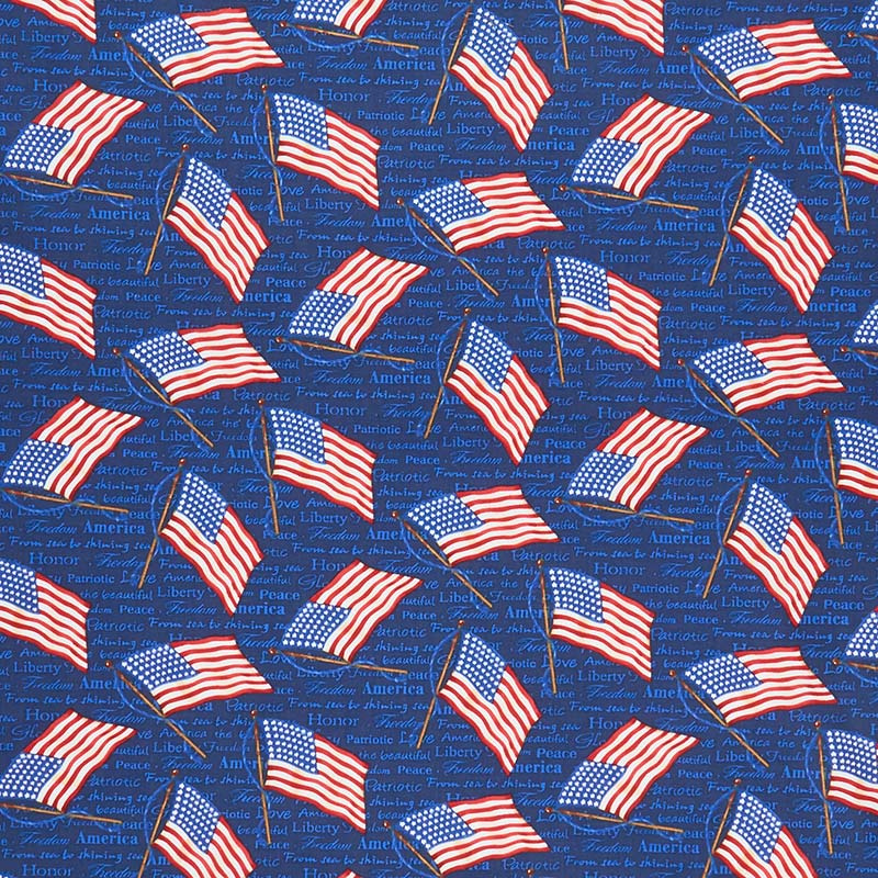 Land of the Free - Tossed Flags Blue Yardage