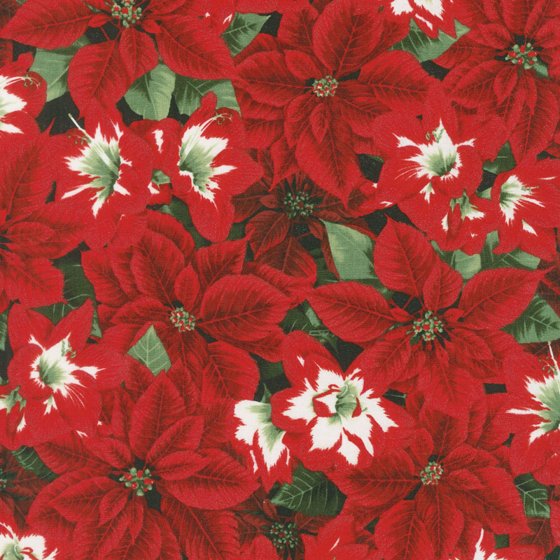 Let It Sparkle - Amaryllis Beauties Radiant Pine with Red Glitter Yardage