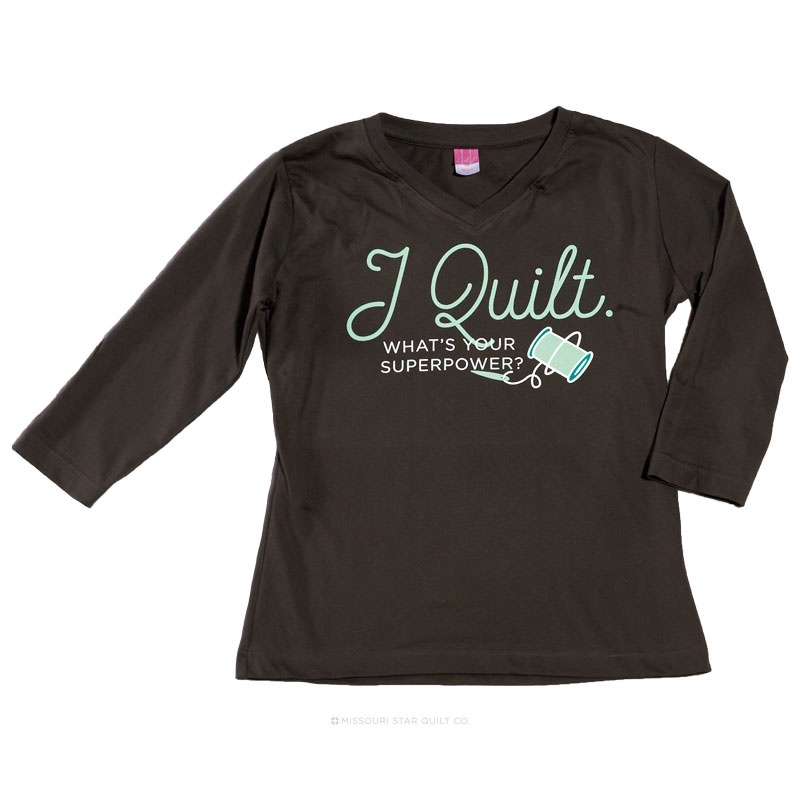 I Quilt What's Your Superpower Charcoal Women's Fitted V-Neck 3/4 Sleeve T-Shirt - Small