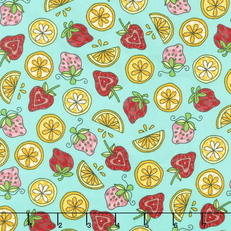 Lil' Sprout Too! - Strawberries n' Lemons Teal Flannel Yardage