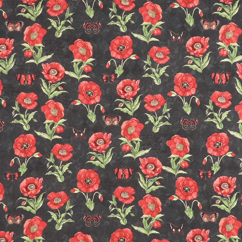 Harlequin Poppies - Poppies and Butterflies Black Yardage