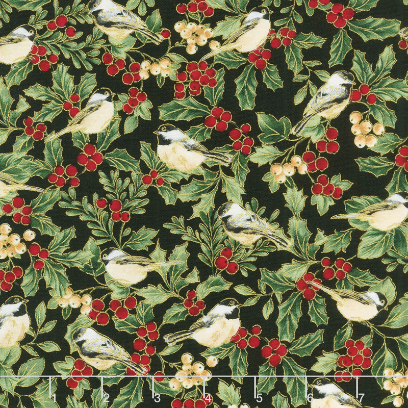 A Joyful Season - Holly And Birds Black Metallic Yardage