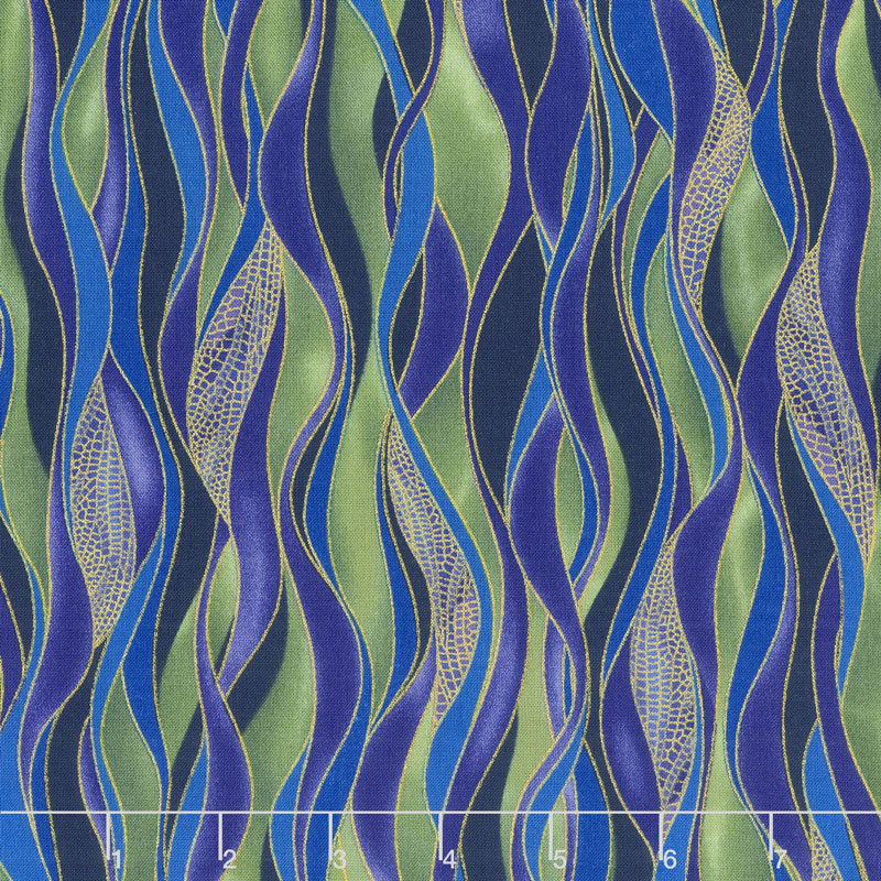 Dragonfly Dance - Blue Dancing Waves Evergreen Purple Metallic Yardage