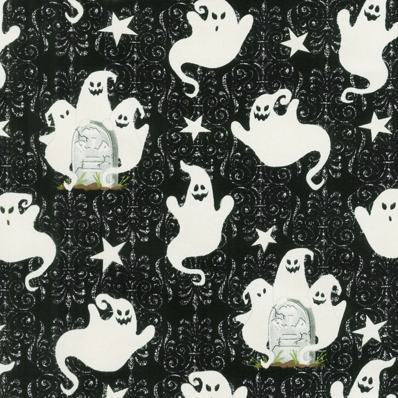 Ghostly Glow Town - Ghosts Allover Black Glow in the Dark Yardage