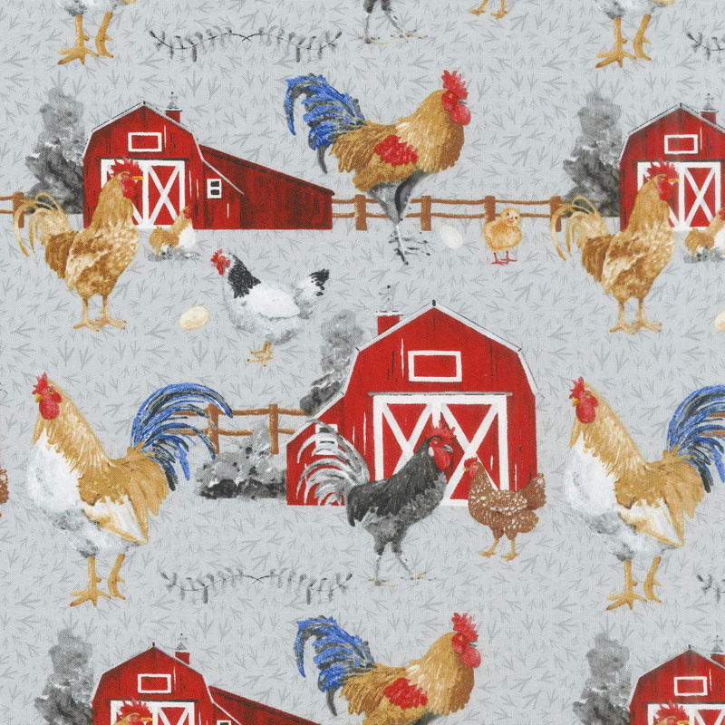 Chicken Scratch - Chicken with Barn Scene Gray Yardage