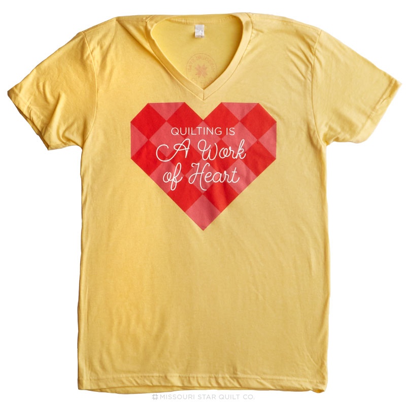 Quilting is a Work of Heart X-Large Women's Fitted V-Neck T-Shirt - Banana Cream