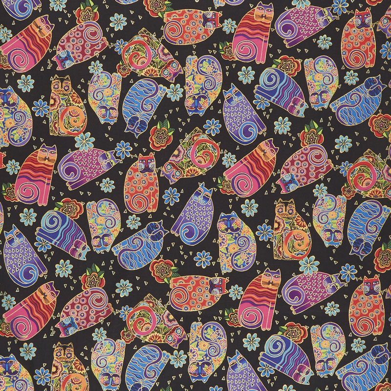 Feline Frolic - Tossed Cats Black Metallic Yardage