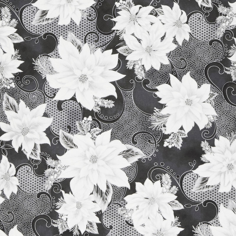 Holiday Flourish 12 - Scarlet Poinsettia Onyx Metallic Yardage