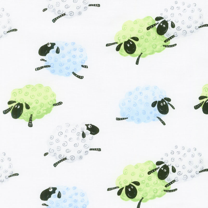 Lewe the Ewe - Leaping Sheep White Blue Yardage