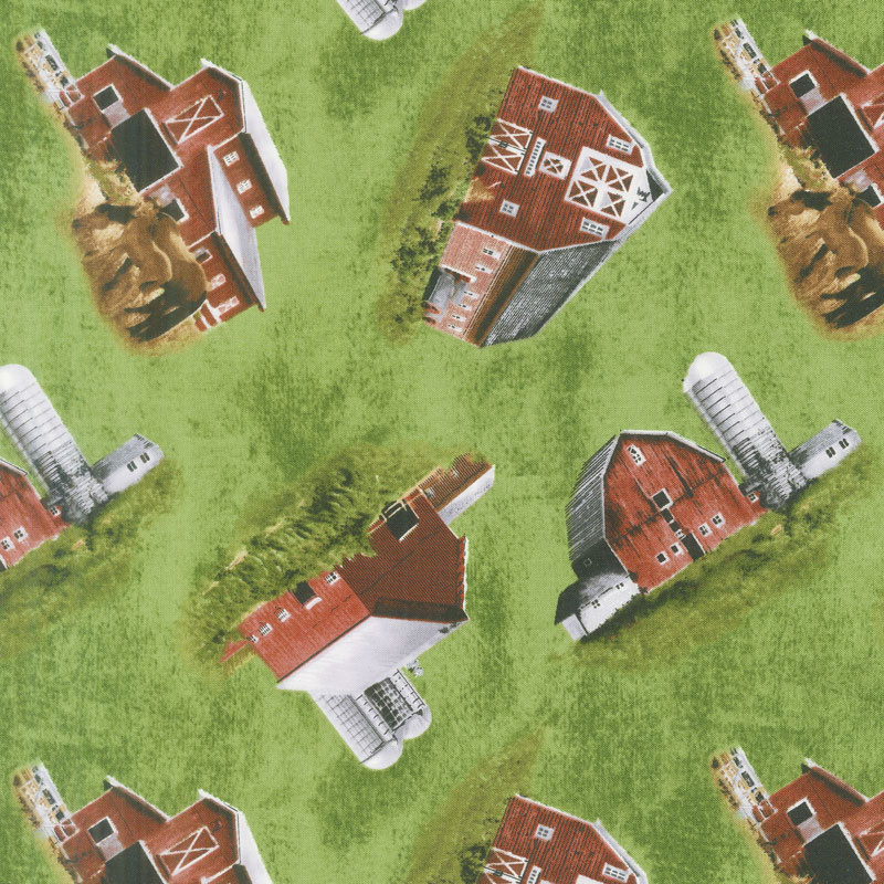 Country Paradise - Tossed Barns Green Yardage