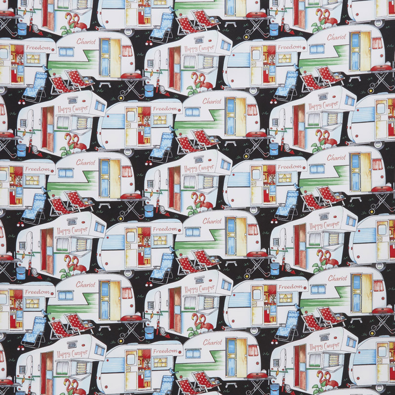 Happy Campers - Packed Campers Black Yardage