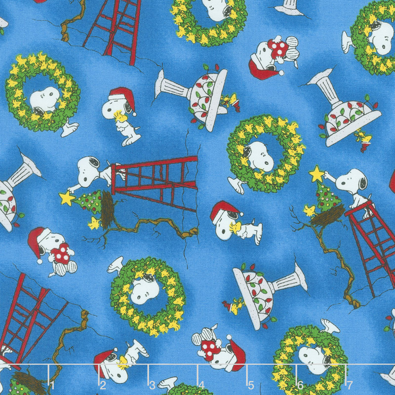 Peace Love Joy - Snoopy and Woodstock Christmas Blue Yardage