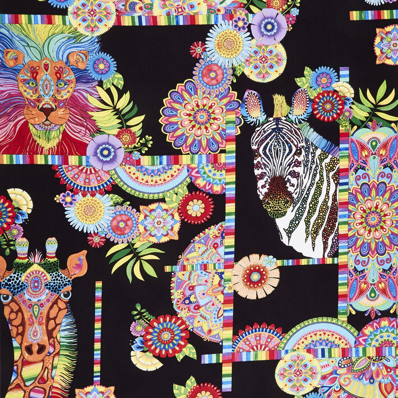 Safari, So Goodie - Animals and Medallions Black Yardage