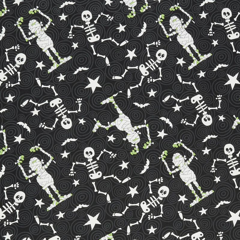 Ghostly Glow Town - Skeleton and Mummy Toss Black Glow in the Dark Yardage
